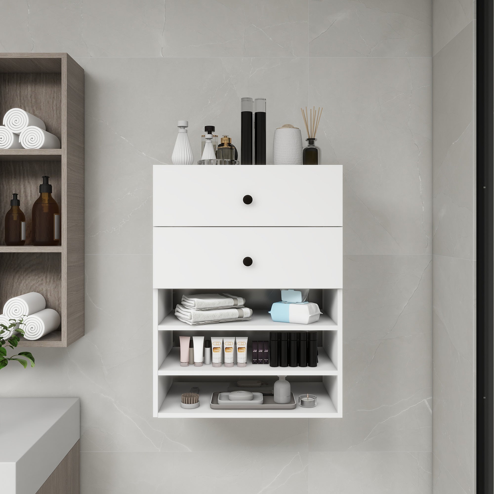C1 Modular Wooden Closet Organizer System with 2 Drawers 3 Shelves Wall Mount Shelving for Walk in Closet Bedroom Organization Built in Clothes Storage White 23.62&