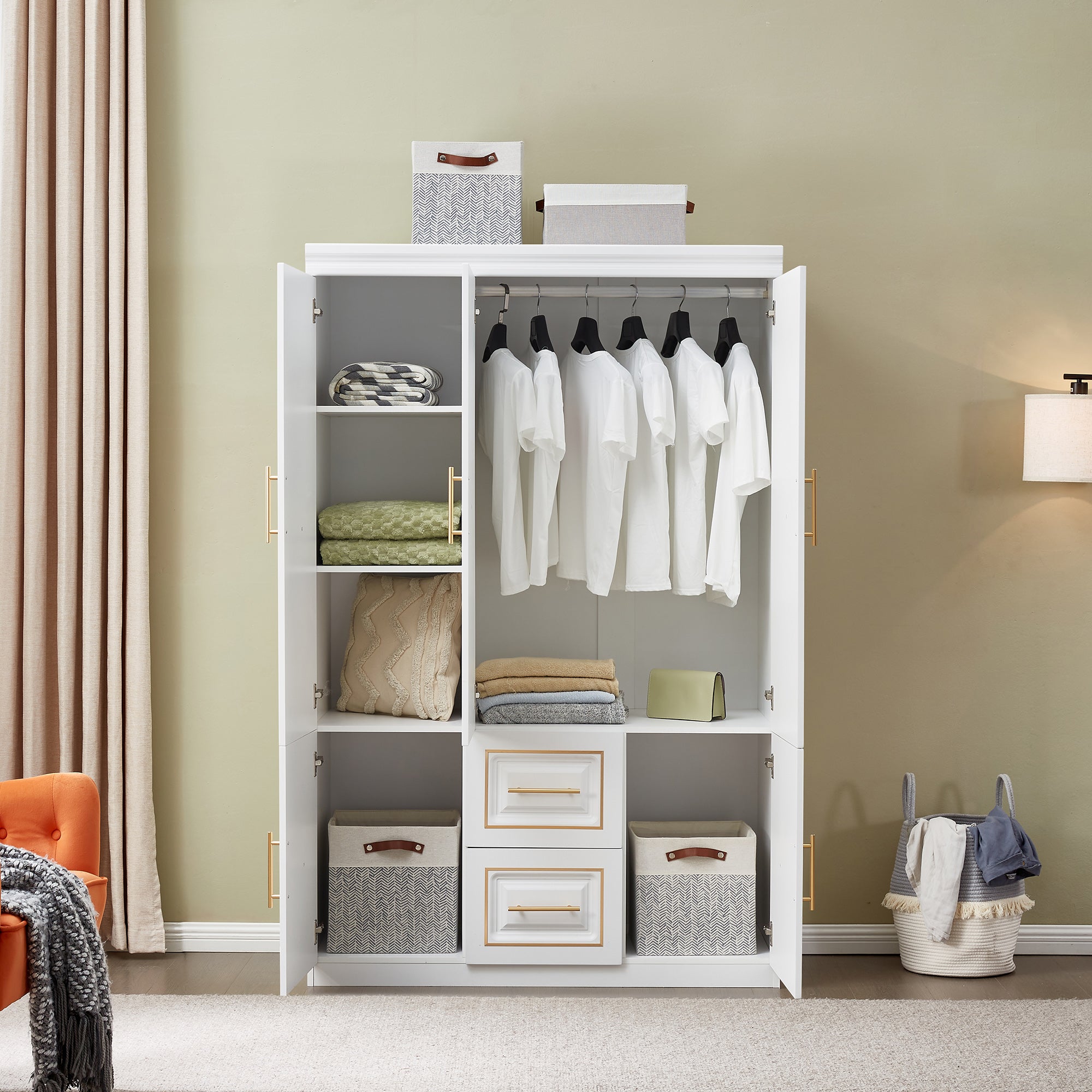 YG-5 Armoire Wardrobe 74" H 3 Doors 2 Drawers White Bedroom Wardrobe Armoire Closet Freestanding Clothes Storage Armoire Organizer with Hanging Rod Shelves Clothes Cabinet for Bathrooms Clothes Storage