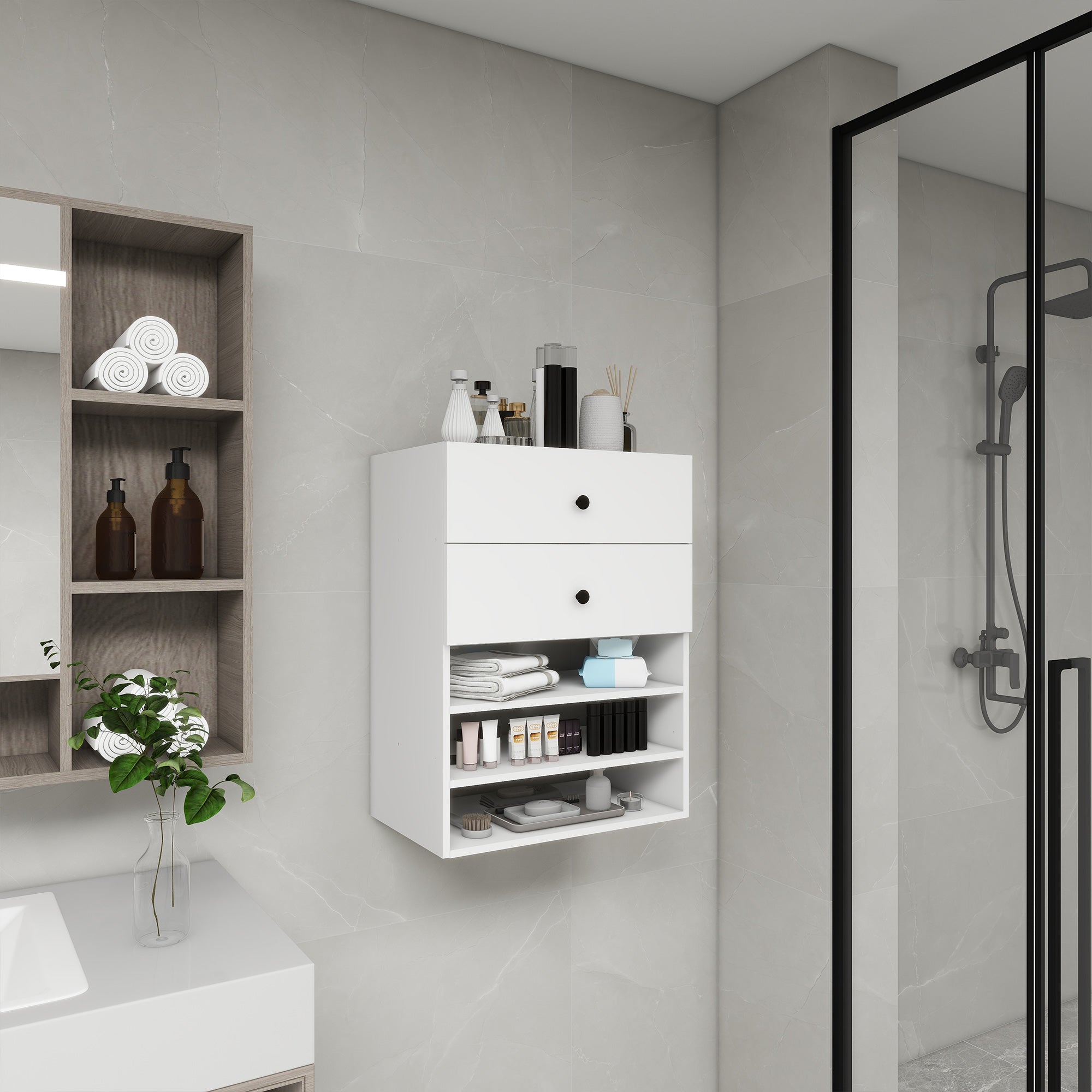 C1 Modular Wooden Closet Organizer System with 2 Drawers 3 Shelves Wall Mount Shelving for Walk in Closet Bedroom Organization Built in Clothes Storage White 23.62&