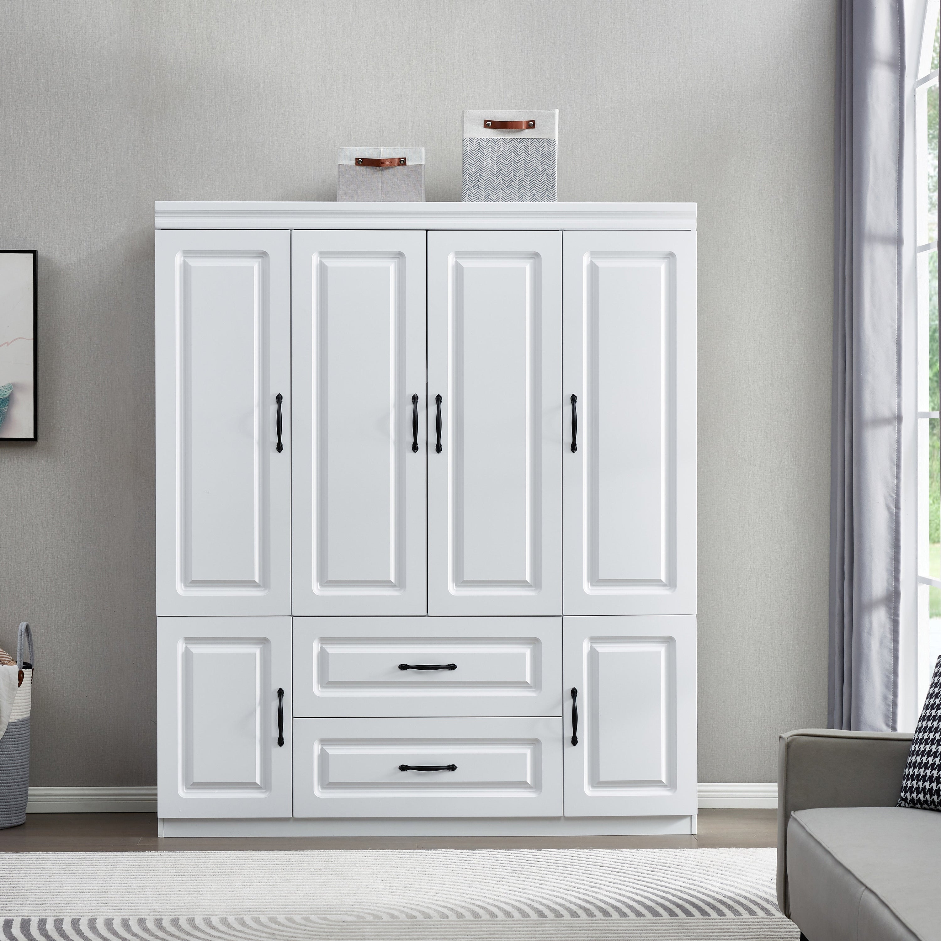 YG-15 74" H White Solid Wood Freestanding Wardrobe Closet for Clothes Storage. Bedroom Wardrobe Storage Cabinet featuring 2 Hanging Rod Shelves, 2 Drawers, and 5 Storage Compartments