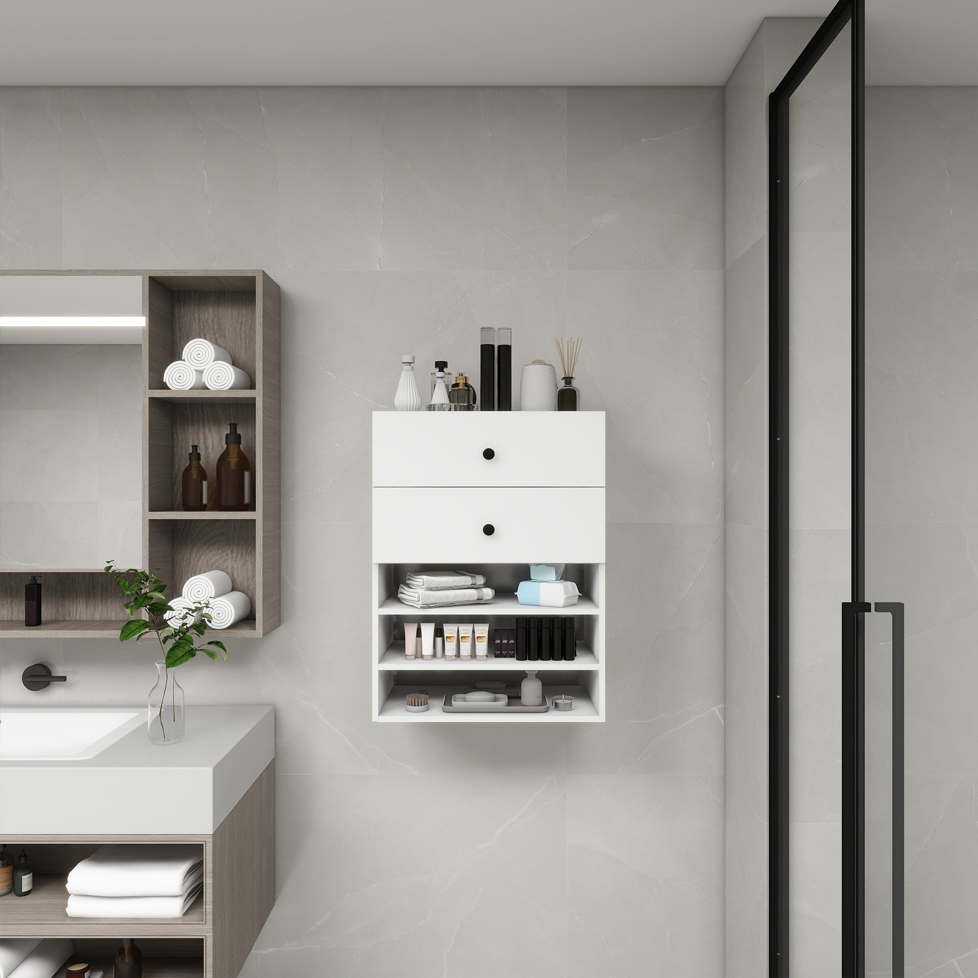 C1 Modular Wooden Closet Organizer System with 2 Drawers 3 Shelves Wall Mount Shelving for Walk in Closet Bedroom Organization Built in Clothes Storage White 23.62&